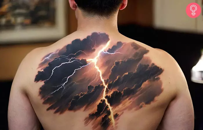A man with a realistic lightning tattoo on his back