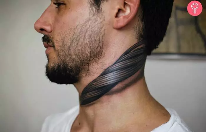A man with a realistic noose tattoo around his neck