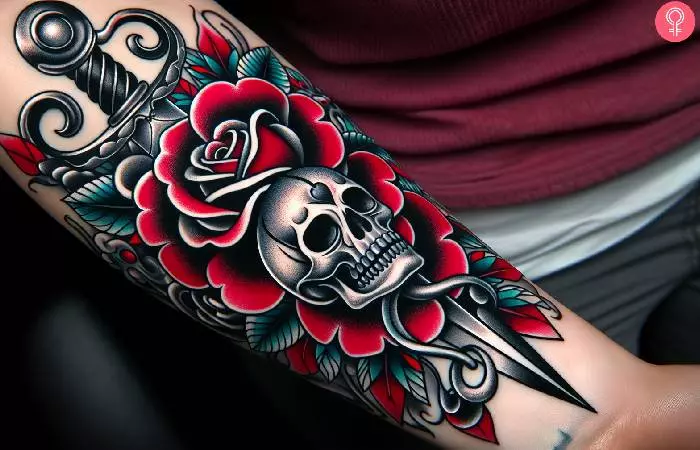 A man with a rose and skull dagger tattoo on his forearm