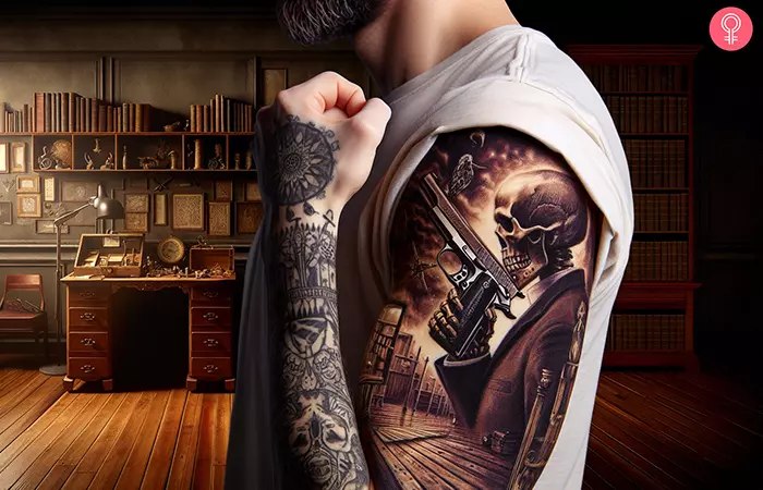A man with a skeleton glock tattoo on the upper arm