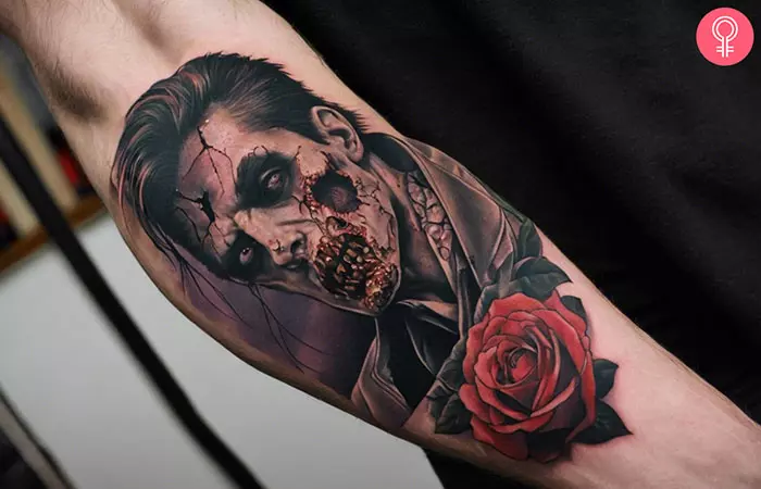 A man with a traditional zombie tattoo on his forearm