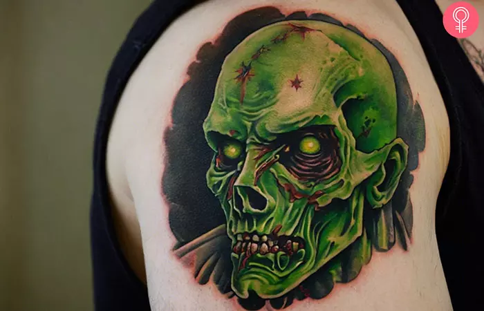 A man with a traditional zombie tattoo on his upper arm