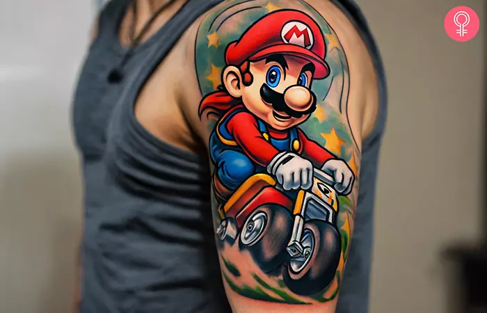 A man with a video game sleeve tattoo on his upper arm