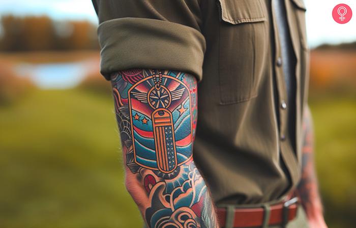 A man with an American flag and dog tags tattoo