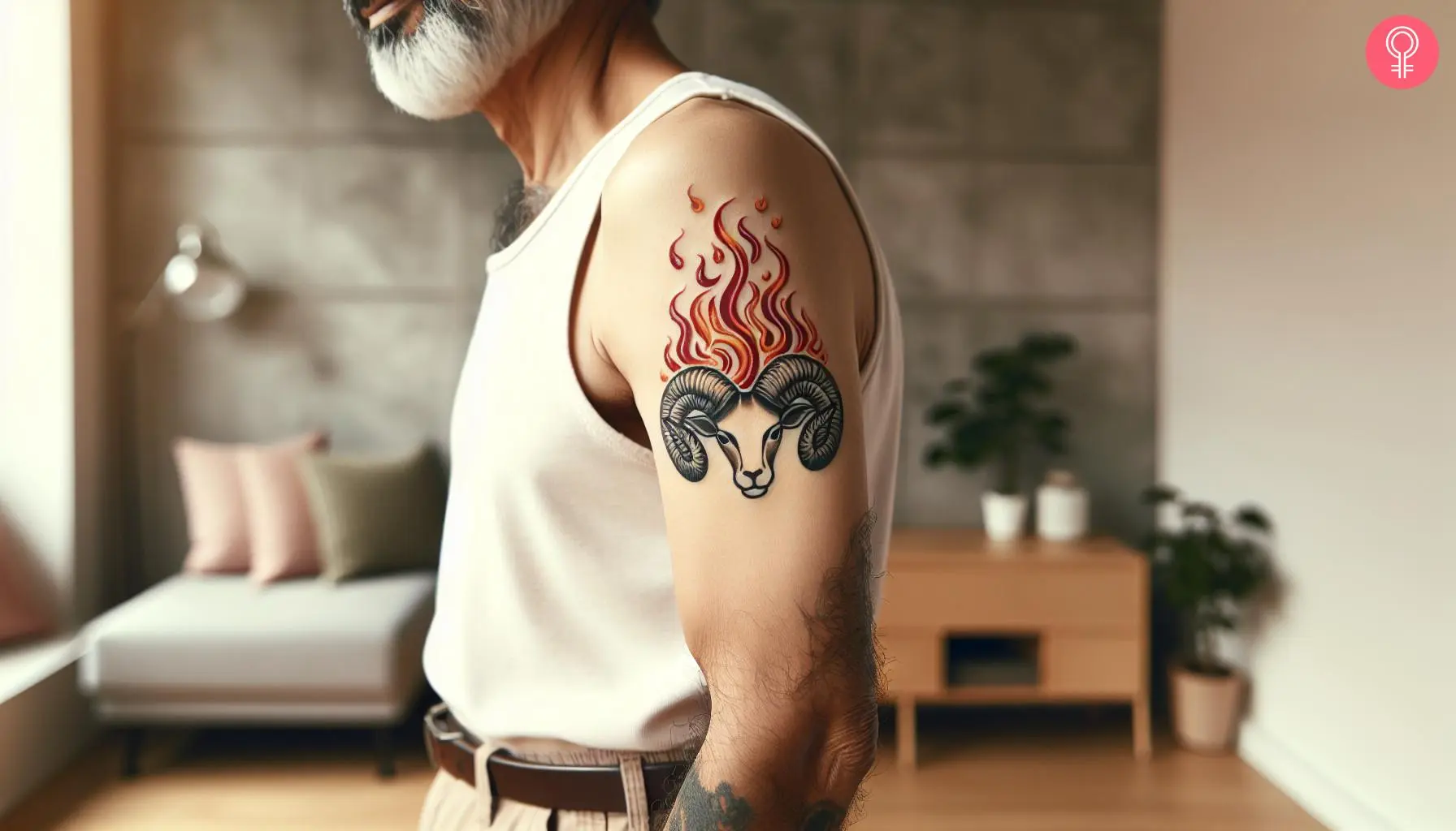 A man with an Aries fire tattoo on his upper arm