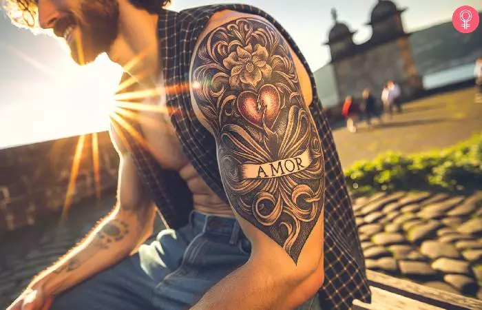 A man with an amor tattoo on his upper arm