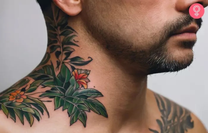 A man with jungle foliage tattoo on the neck.