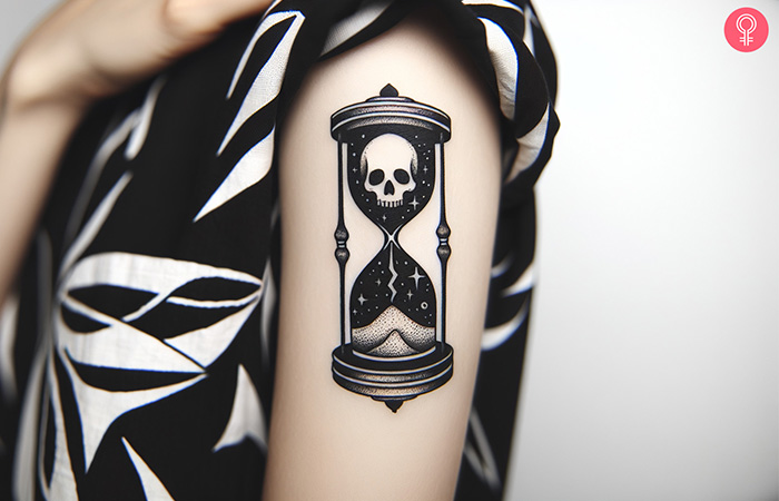 A memento mori hourglass tattoo on a woman’s arm
