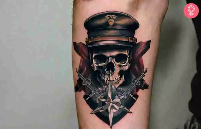 A military skull tattoo on the forearm of a man