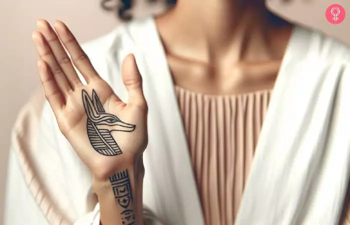 A minimal Anubis symbol tattoo on a woman’s palm