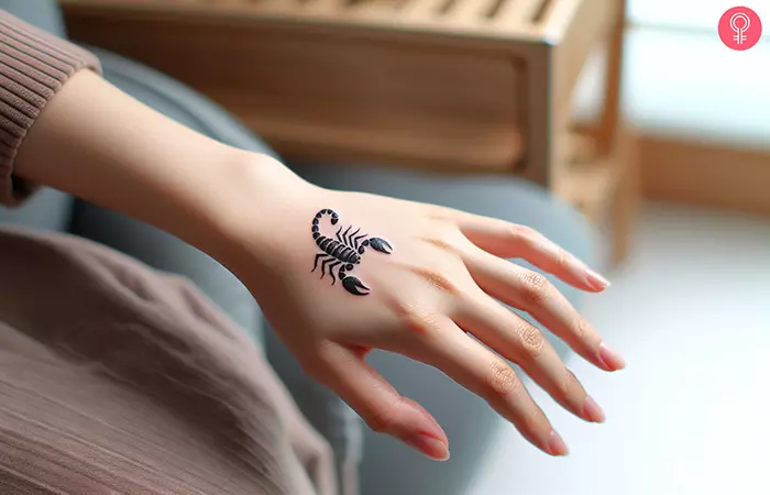 A minimalist scorpion tattoo on the back of the hand