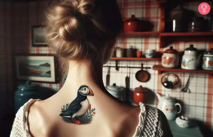 A north Atlantic puffin tattoo on a woman’s back