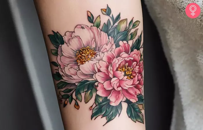 A pair of colorful peonies tattooed on the wrist for good luck