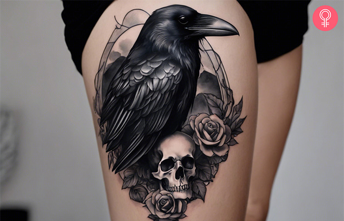 A raven tattoo with skull on the thigh of a woman