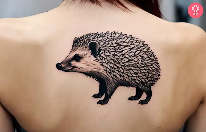 A realistic hedgehog tattoo on the upper back