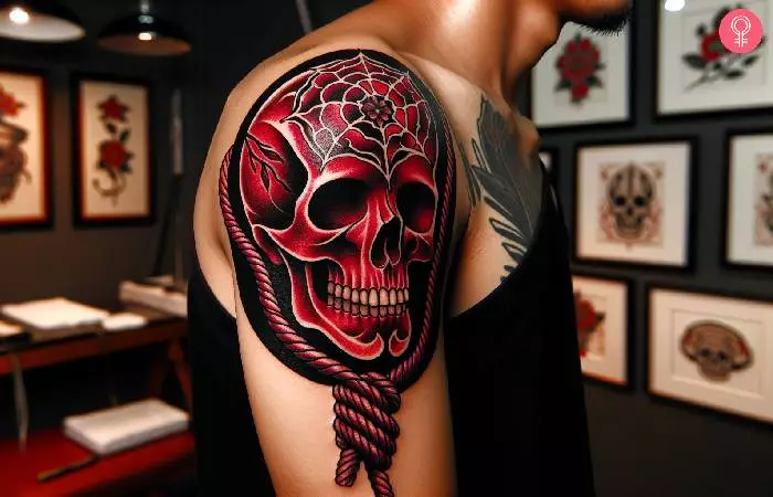 A red skull and noose tattoo on the upper arm