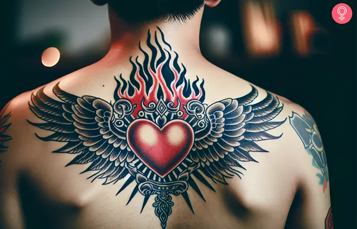 A sacred heart tattoo on a woman’s forearm