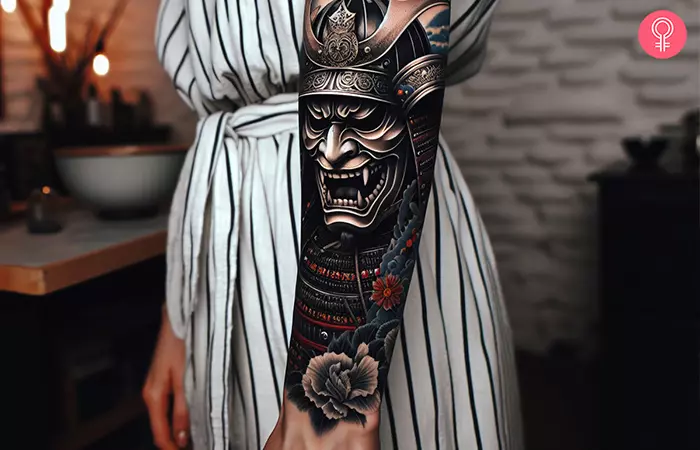 A samurai hannya mask tattoo on the forearm