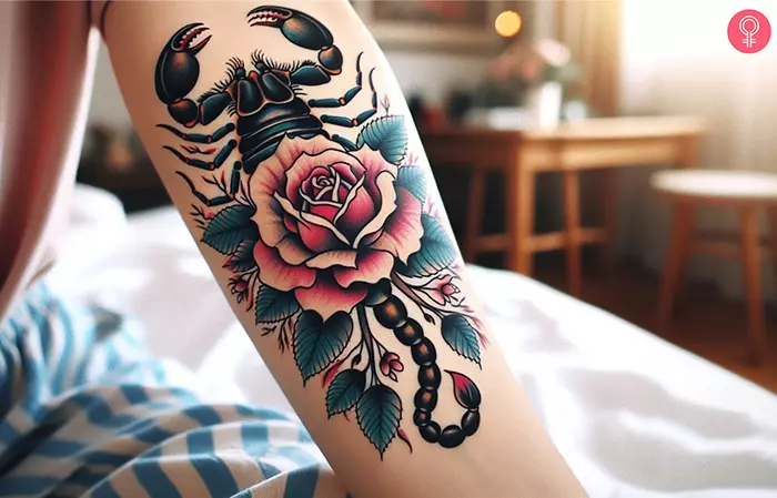 A scorpion rose tattoo on the forearm