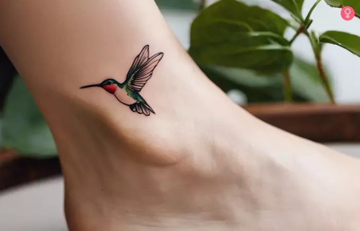 A small hummingbird tattoo on a woman’s ankle