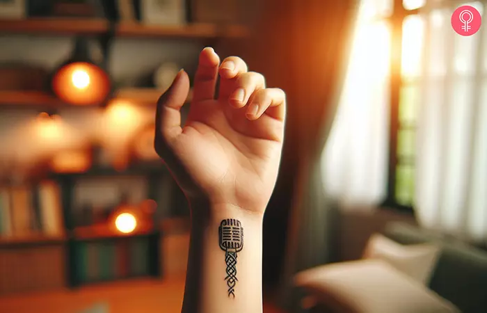 A small microphone tattoo on the wrist