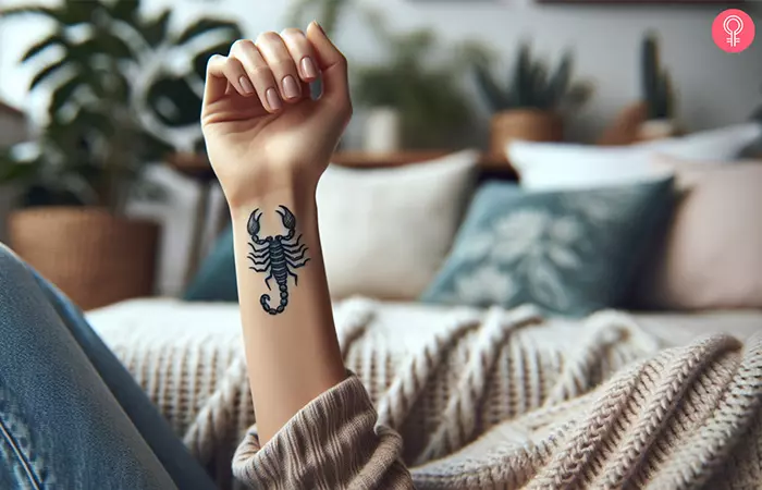 A small scorpion tattoo on the wrist