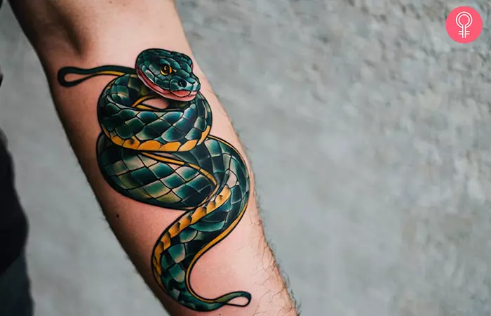 A snake tattoo on a man’s arm