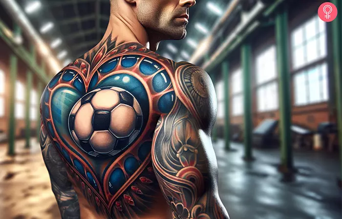 A soccer ball heart tattoo on the back of a man