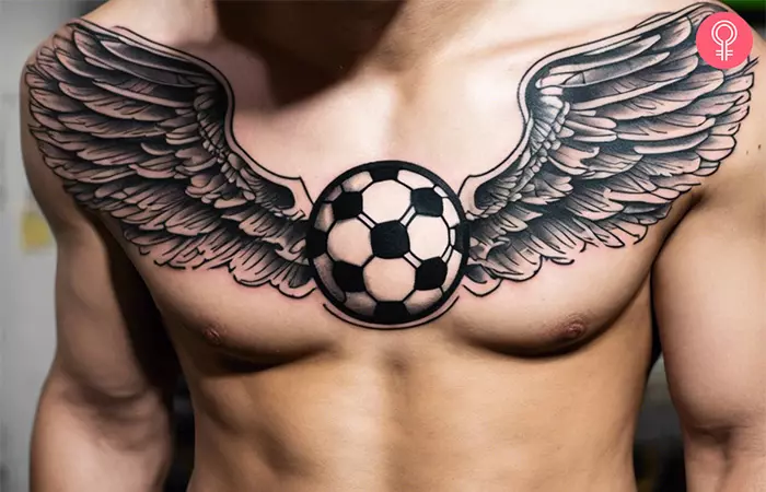 A soccer ball with wings tattooed on the chest of a man