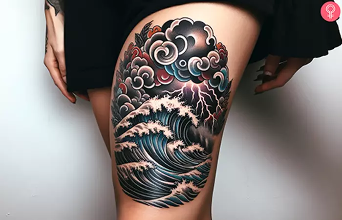 A stormy ocean tattoo on the thigh