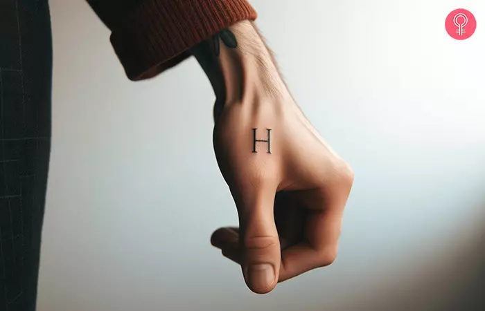 A thumb tattoo of the alphabet H
