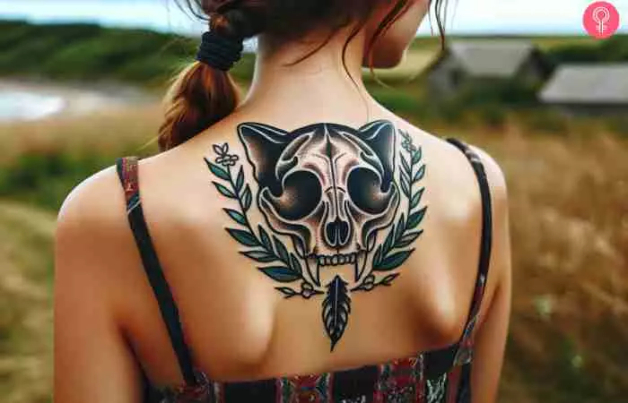 A traditional cat skull tattoo
