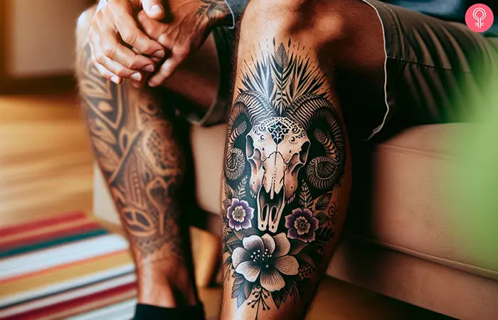 A traditional goat skull tattoo with flowers on the calf