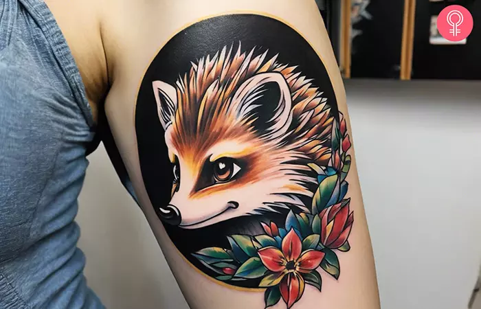 A traditional hedgehog tattoo on the inner arm
