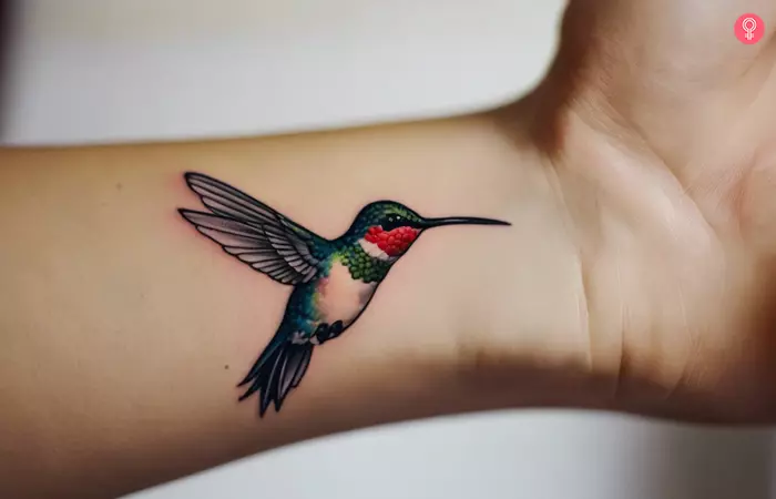 A traditional hummingbird tattoo on the shoulder blade
