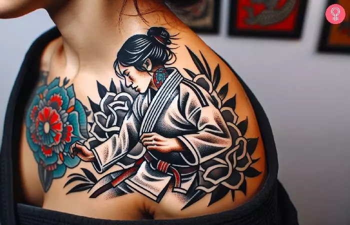 A traditional tattoo of a female jiu jitsu master