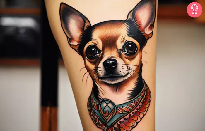 A vibrant Chihuahua portrait tattoo with a customized collar