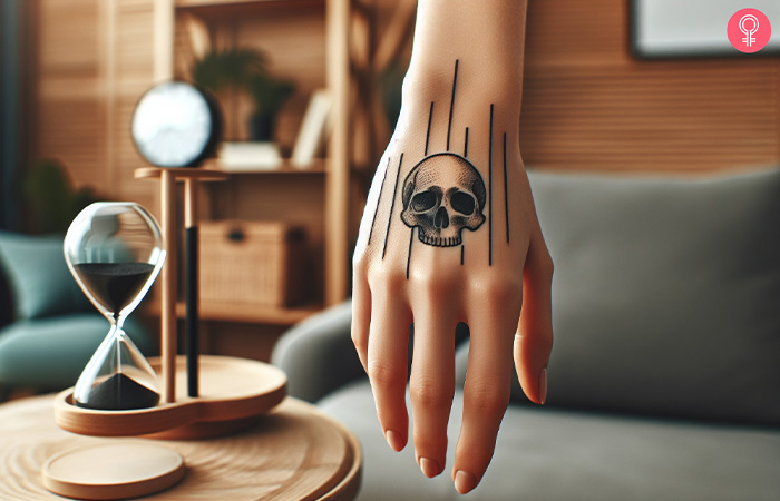 A woman showcasing a half-skull memento mori hand tattoo