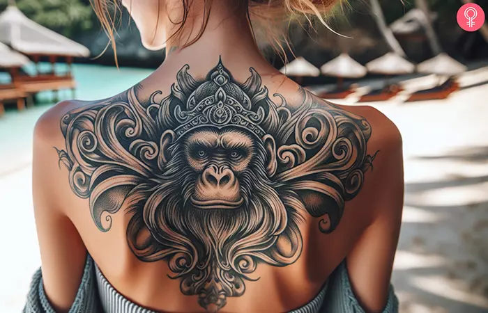 A woman sporting a Monkey King back tattoo on her back