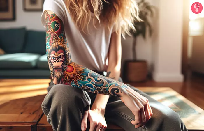 A woman sporting a Sun Wukong tattoo on her arm