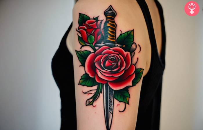 A woman sporting a rose and dagger tattoo