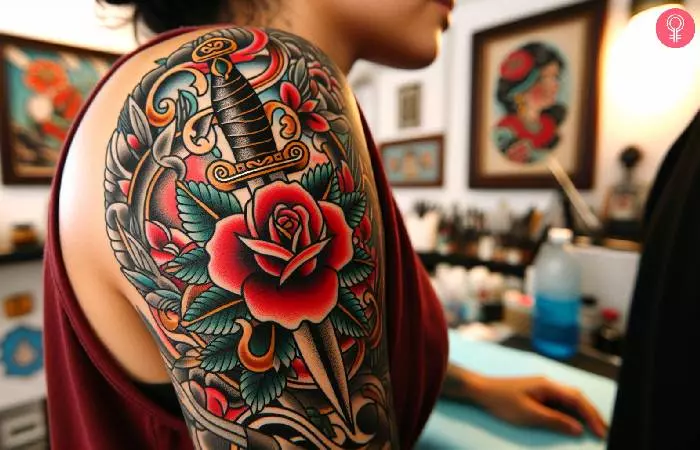 A woman sports a rose and dagger tattoo in American traditional style