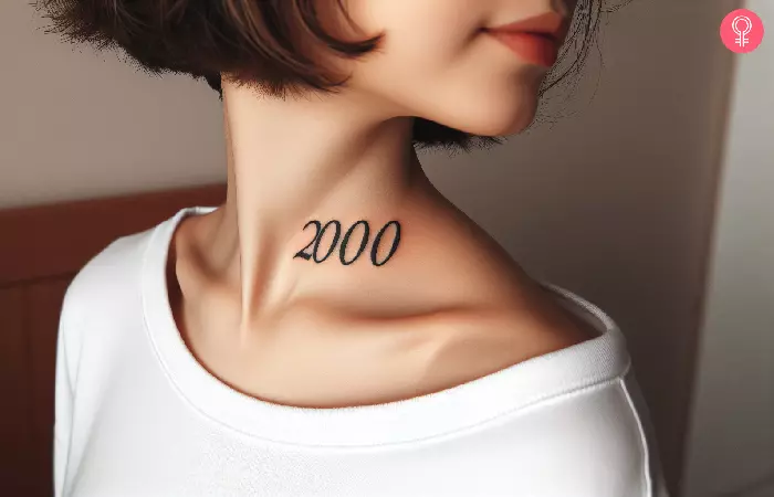 A woman with a 2000 neck tattoo