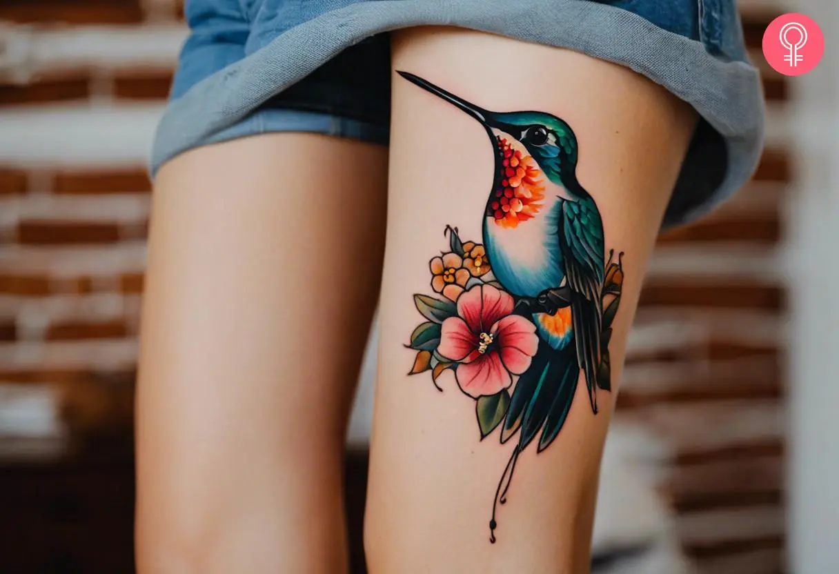 A woman with a American traditional hummingbird tattoo on her thigh