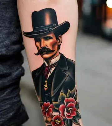 A woman with a Doc Holliday tattoo on her forearm