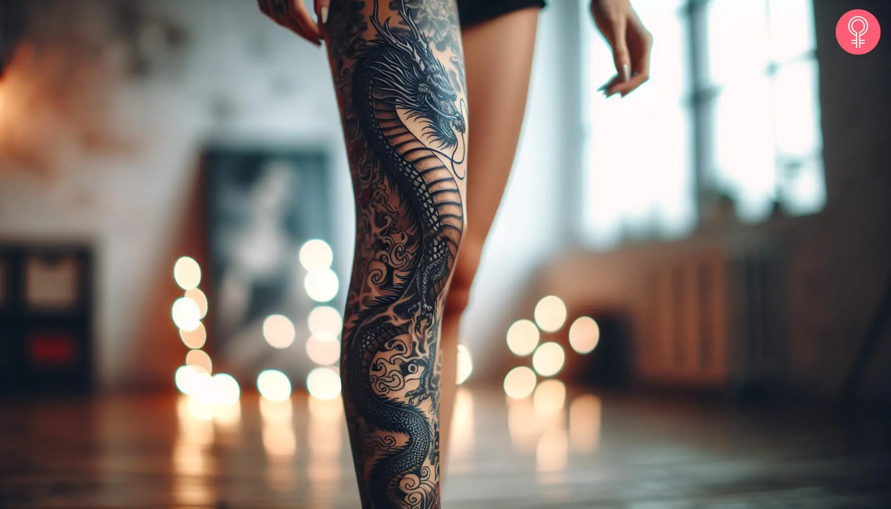 A woman with a Japanese dragon tattoo on her leg