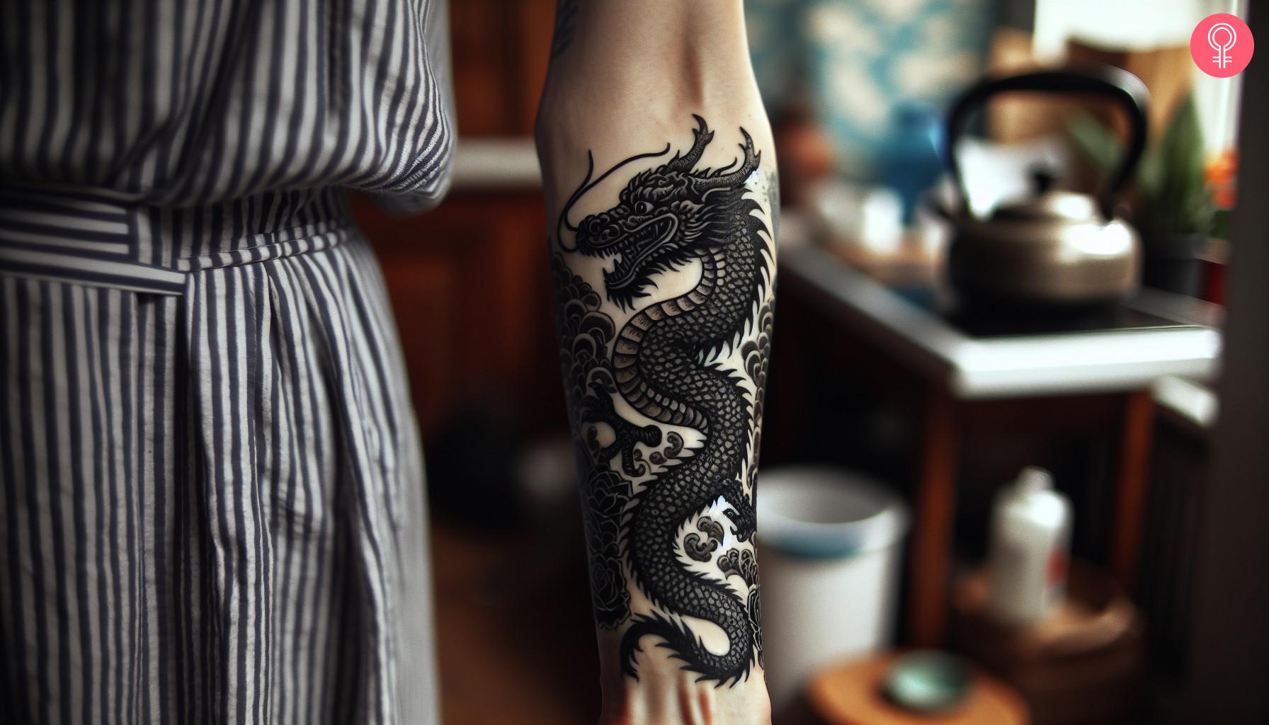  A woman with a black Japanese dragon tattoo on her forearm 