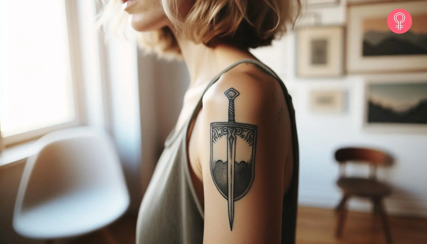 A woman with a black and gray sword and shield tattoo on her upper arm