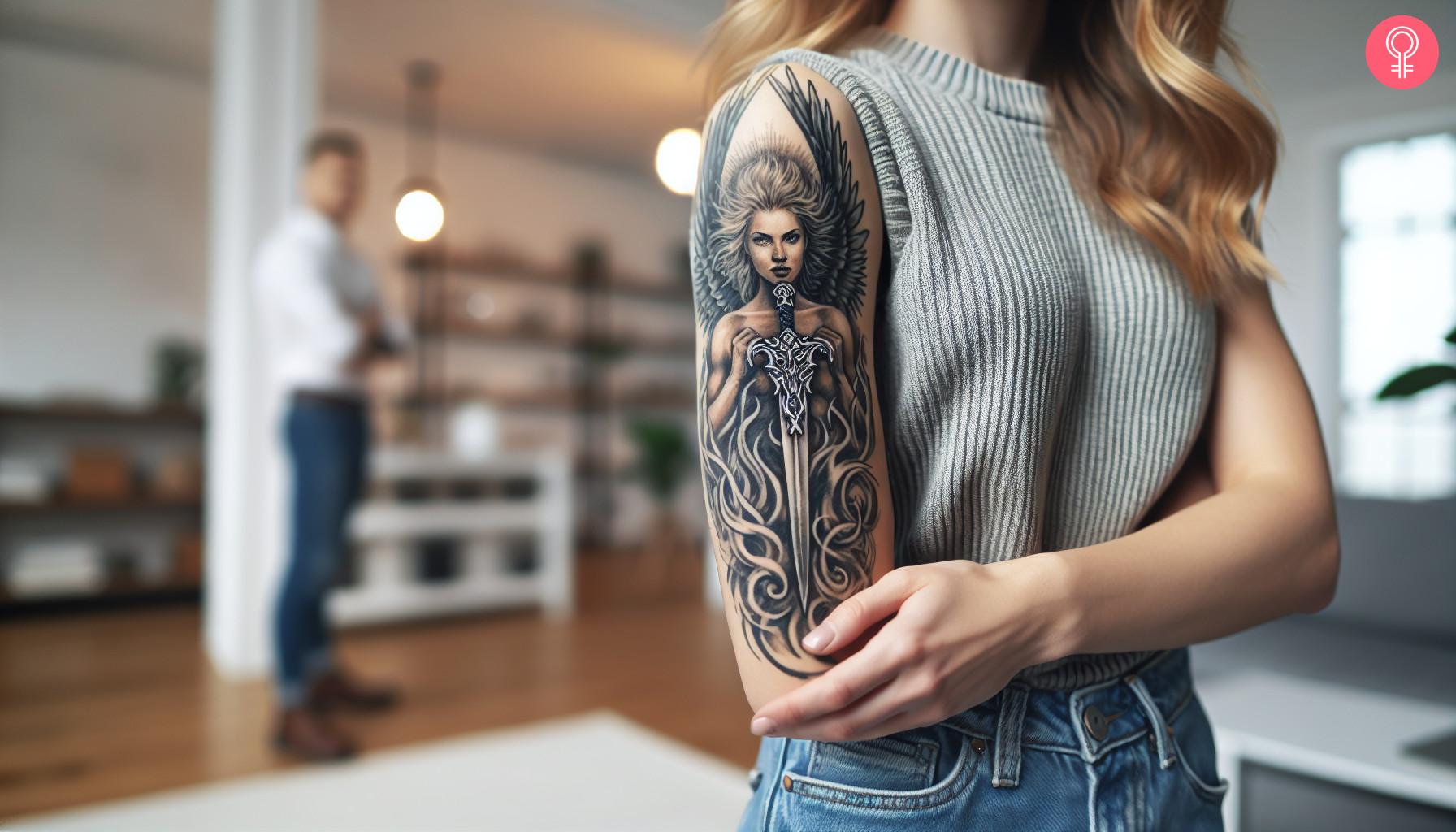 A woman with a black and white angel with sword tattoo on her upper arm