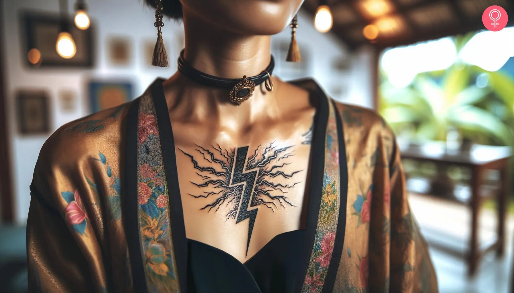 A woman with a black lightning bolt tattoo on her chest